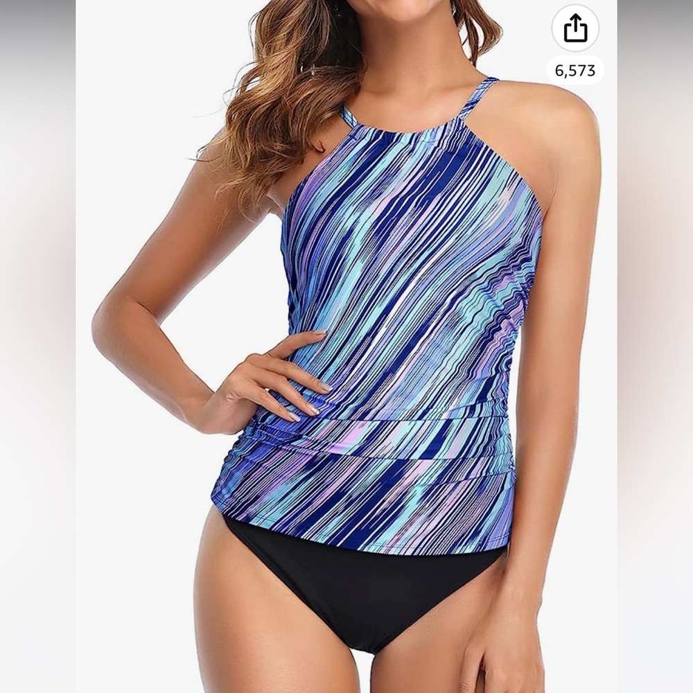 Tempt Me Two Piece Tankini High Neck Ruched Tummy Control Top with Bottom